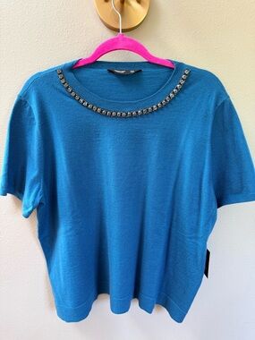 Very Wang- Rhinestone Neckine- Teal Sweater- XXL- NEW WITH TAG